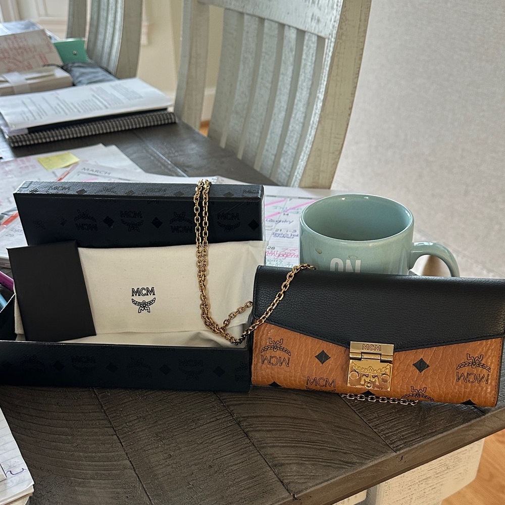 MCM Black and Tan Wristlet with Gold Chain